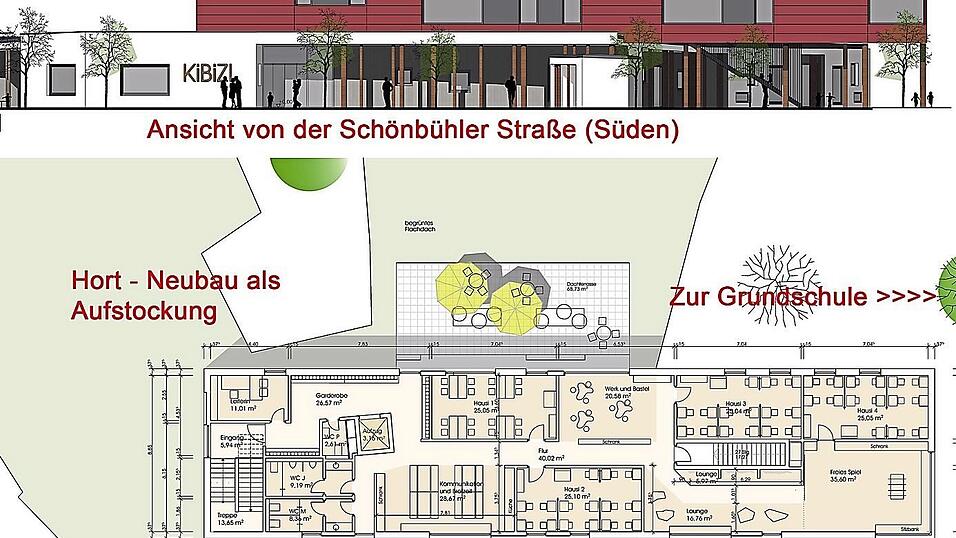 Der planerische Grundriss (unten) und eine Au&szlig;enansicht (von S&uuml;den her). Planskizze: Architekturb&uuml;ro