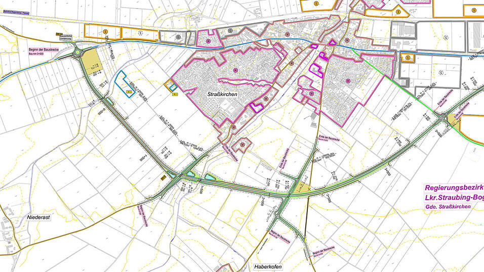 Der Lageplan der 4,4 Kilometer langen Umgehungsstraße (in grün). Das Staatliche Bauamt Passau geht von Gesamtkosten in Höhe von rund 45 Millionen Euro aus. Vorgesehen sind neben der Trasse Geh- und Radwegunterführungen und Lärmschutzmaßnahmen. Der Lageplan der 4,4 Kilometer langen Umgehungsstraße (in grün). Das Staatliche Bauamt Passau geht von Gesamtkosten in Höhe von rund 45 Millionen Euro aus. Vorgesehen sind neben der Trasse Geh- und Radwegunterführungen und Lärmschutzmaßnahmen.