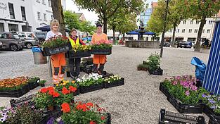 Cerolein B&uuml;der (v.l.), Sandra Vogl und Annemarie Glasschr&ouml;der bepflanzen diese Woche die &ouml;ffentlichen Bereiche der Stadt.