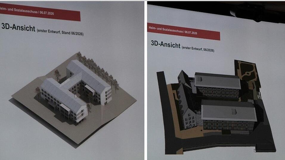 Während der Sitzung des Heim- und Sozialausschusses wurden 3-D-Ansichten an die Wand projiziert. Zu sehen ist: Der Grundriss für das umgebaute Kreisseniorenheim „St. Josef“ in Reisbach (links) soll H-förmig werden. Ein Hauptbaukörper und zwei „Flügel“ - auch das aktuelle Konzept für das Heim „St. Antonius“ in Mengkofen (rechts) wurde am Montag im Landratsamt vorgestellt. Die Farben der Grafik entsprechen nicht dem tatsächlichen Endergebnis. Während der Sitzung des Heim- und Sozialausschusses wurden 3-D-Ansichten an die Wand projiziert. Zu sehen ist: Der Grundriss für das umgebaute Kreisseniorenheim „St. Josef“ in Reisbach (links) soll H-förmig werden. Ein Hauptbaukörper und zwei „Flügel“ - auch das aktuelle Konzept für das Heim „St. Antonius“ in Mengkofen (rechts) wurde am Montag im Landratsamt vorgestellt. Die Farben der Grafik entsprechen nicht dem tatsächlichen Endergebnis.