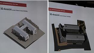 Während der Sitzung des Heim- und Sozialausschusses wurden 3-D-Ansichten an die Wand projiziert. Zu sehen ist: Der Grundriss für das umgebaute Kreisseniorenheim „St. Josef“ in Reisbach (links) soll H-förmig werden. Ein Hauptbaukörper und zwei „Flügel“ - auch das aktuelle Konzept für das Heim „St. Antonius“ in Mengkofen (rechts) wurde am Montag im Landratsamt vorgestellt. Die Farben der Grafik entsprechen nicht dem tatsächlichen Endergebnis. Während der Sitzung des Heim- und Sozialausschusses wurden 3-D-Ansichten an die Wand projiziert. Zu sehen ist: Der Grundriss für das umgebaute Kreisseniorenheim „St. Josef“ in Reisbach (links) soll H-förmig werden. Ein Hauptbaukörper und zwei „Flügel“ - auch das aktuelle Konzept für das Heim „St. Antonius“ in Mengkofen (rechts) wurde am Montag im Landratsamt vorgestellt. Die Farben der Grafik entsprechen nicht dem tatsächlichen Endergebnis.