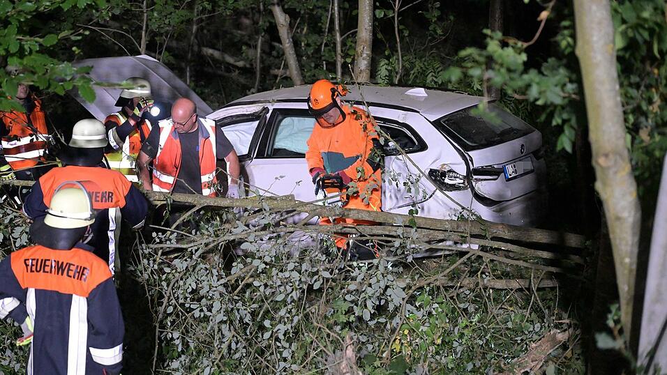 Um das Fahrzeug aus dem Wald neben der Straße bergen zu können, mussten die Feuerwehren Buschwerk und Bäume entfernt werden. Um das Fahrzeug aus dem Wald neben der Straße bergen zu können, mussten die Feuerwehren Buschwerk und Bäume entfernt werden.