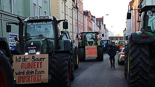 F&uuml;r knapp 40 Minuten blockieren 35 Traktoren am Montagnachmittag aus Protest die Seligenthaler Stra&szlig;e in Landshut.