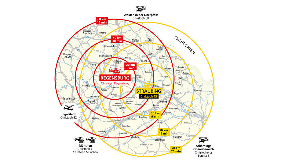 Hier sind Christoph Regensburg und Christoph 15 im Einsatz.&nbsp;In Schwarz: die f&uuml;nf n&auml;chstgelegenen Stationen und Helikopter. Auch sie sind je nach Bedarf und Verf&uuml;gbarkeit teilweise in der Region unterwegs.