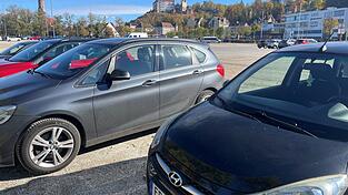 Autos auf dem unbefestigten Teil der Grieserwiese. Keines hat ein Parkticket hinter der Windschutzscheibe.