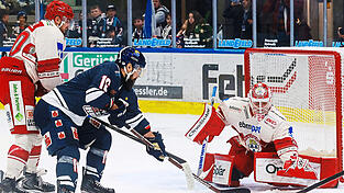 Alle H&auml;nde voll zu tun: EVL-Torwart Philipp Dietl (rechts) und seine Vorderleute, wie hier Yannick Wenzel (links), waren gegen die Kassel Huskies schwer gefordert - und phasenweise auch etwas &uuml;berfordert.