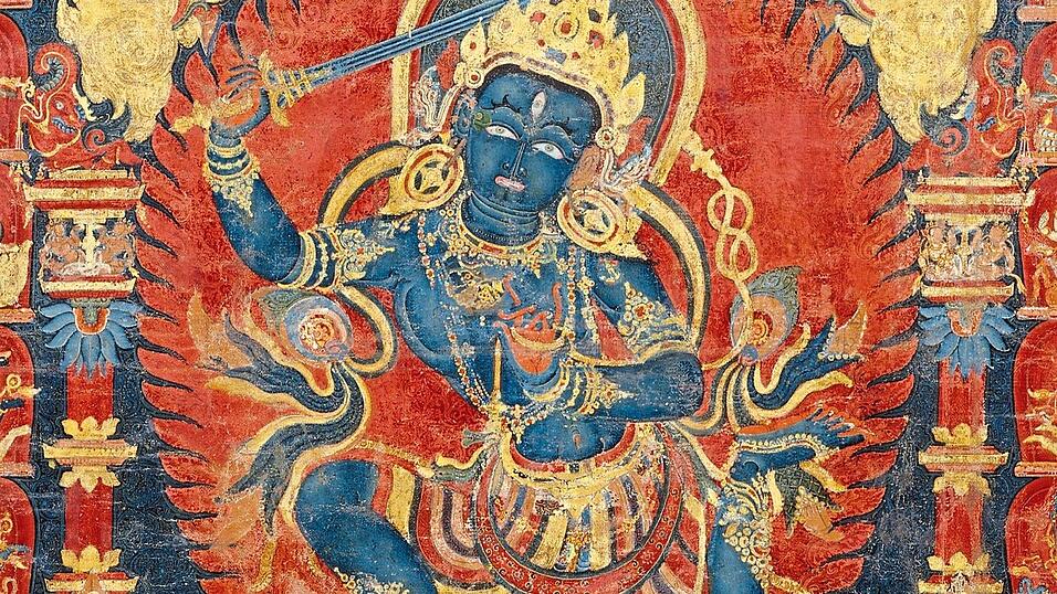 Darstellung von Mañjushri mit einem Schwert in der rechten Hand, 15. Jh., Metropolitan Museum of Art. Darstellung von Mañjushri mit einem Schwert in der rechten Hand, 15. Jh., Metropolitan Museum of Art.