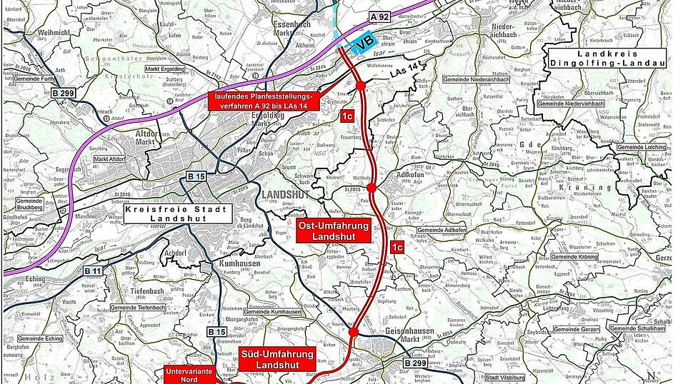 Die Karte verdeutlicht den Trassenverlauf der Variante 1c, den die B15neu nun nehmen soll.