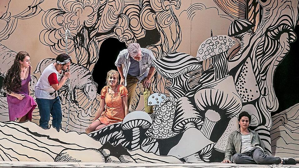 Die auf die Insel Naxos Entf&uuml;hrten in der Phantasiewelt 'Arkadien': Licori (Anna Pisareva), Osmino (Onur Abaci), Elpina (Vera Semieniuk), Narete (Brent L. Damkier) und Morasto (Sara-Maria Saalmann)