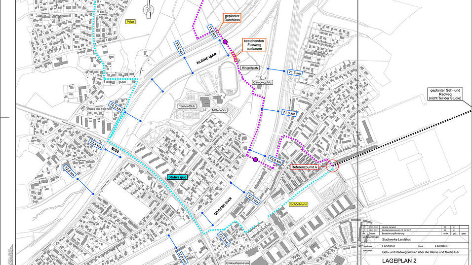 Die t&uuml;rkise Linie zeigt, welchen Weg Fu&szlig;g&auml;nger und Radfahrer heute nehmen m&uuml;ssen: &uuml;ber die vielbefahrene Konrad-Adenauer-Stra&szlig;e. Die lilafarbenen Punkte kennzeichnen die beiden neuen Stege und die dann m&ouml;gliche Verbindung zwischen Ergolding, Mitterw&ouml;hr und Auwaldsiedlung.