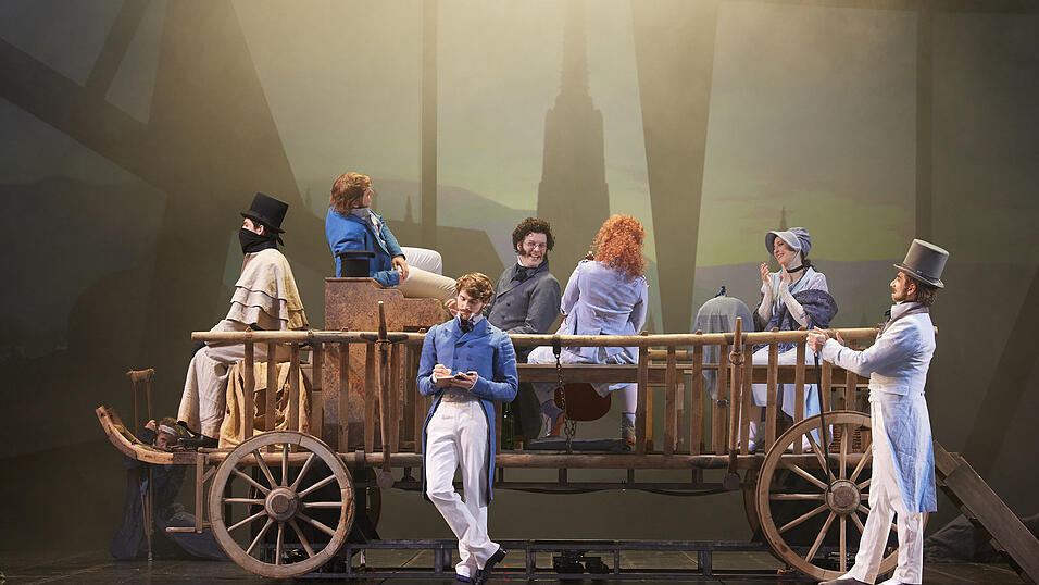 Mit Schubert (Daniel Prohaska, am Klavier) auf der Reise nach Atzenbrugg: Johannes Thumser (Kutscher), Alexandros Tsilogiannis (Franz von Tassi&eacute;), Daniel Gutmann (Nepumuk Feder), Anna-Katharina Tonauer (Caroline Helmer), Andreja Zidaric (Louise Lautner) und Timos Sirlantzis (Johann Michael Vogl).