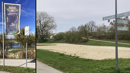 An der Uferstra&szlig;e weht nocht trotzig die &bdquo;Donaustrand&ldquo;-Fahne (links), aber das Areal unweit des TUM-Campus bleibt leer.