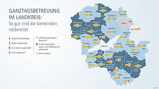 Ganztagsbetreuung - so gut sind die Gemeinden im Landkreis Landshut vorbereitet.Quelle: Die Angaben zu Schulanf&auml;nger und Bedarfe stammen aus den Rath&auml;usern, wurden im Zeitraum von Mai bis Juli eingeholt und k&ouml;nnen bis zum Schulbeginn noch abweichen. Die Anzahl der Kinder, die die Ferienbetreuung beanspruchen, wurde in der Grafik nicht ber&uuml;cksichtig.