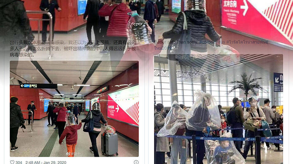 Verst&ouml;rende Bilder in den sozialen Netzwerken dokumentieren die hilflosen Versuche mancher Menschen in China, sich vor der Infektion zu sch&uuml;tzen.