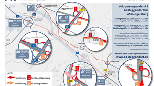 Das Bild zeigt die Umleitungsstrecke w&auml;hrend der Vollsperrung der A 3 zwischen Kreuz Deggendorf und Abfahrt Hengersberg.
