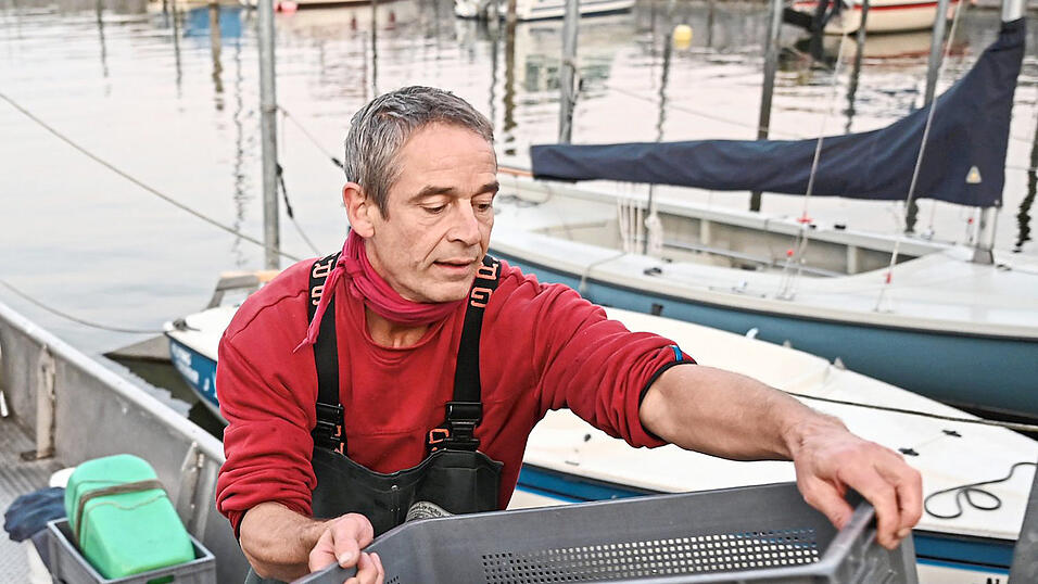 Andreas Geiger hievt eine Kiste mit Fischen auf den Steg. Foto: dpa