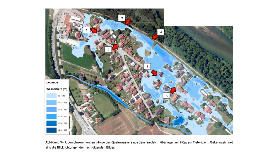 Die Grafik veranschaulicht, wo und wie stark Isar- und Tiefenbachstra&szlig;e bei einem zehnj&auml;hrlichen Hochwasser &uuml;berschwemmt werden.