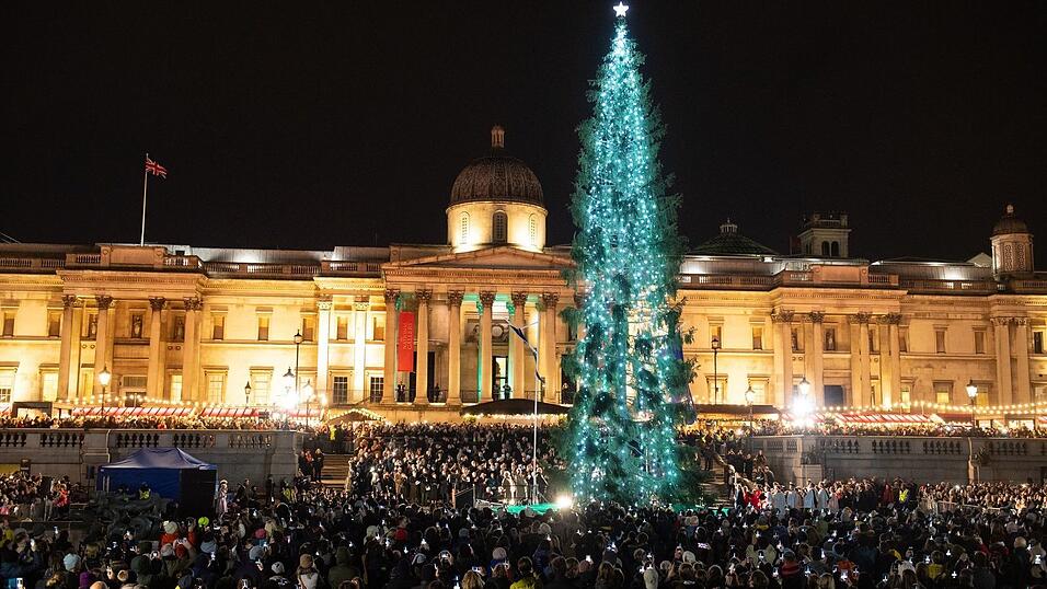 Der traditionell von Norwegen geschenkte Baum 2019 auf dem Trafalgar Square: Über 20 Meter hoch, schlicht dekoriert und ein Symbol der britisch-norwegischen Freundschaft seit 1947. (Archivbild) Der traditionell von Norwegen geschenkte Baum 2019 auf dem Trafalgar Square: Über 20 Meter hoch, schlicht dekoriert und ein Symbol der britisch-norwegischen Freundschaft seit 1947. (Archivbild)