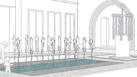 Das Wasserspiel richtet sich auf den Koenig-Brunnen aus. Martina Schneider vom beauftragten B&uuml;ro Stadt Raum Planung spricht von einem &bdquo;neuen Ereignis- und Aufenthaltsbereich&ldquo;.