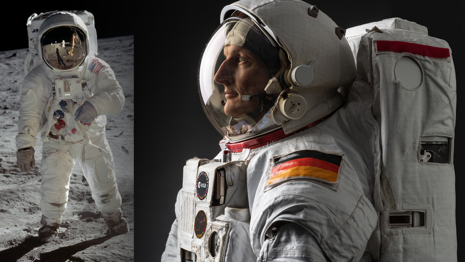 Matthias Maurer (rechts) im Raumanzug vor seinem Flug ins All im vergangenen Jahr. Im Vergleich zum Anzug von Edwin „Buzz“ Aldrin (links) bei der ersten Mondlandung 1969 hat sich dieser schon deutlich weiterentwickelt, für künftige Missionen werden Milliarden in die Entwicklung neuer Anzüge gesteckt. 