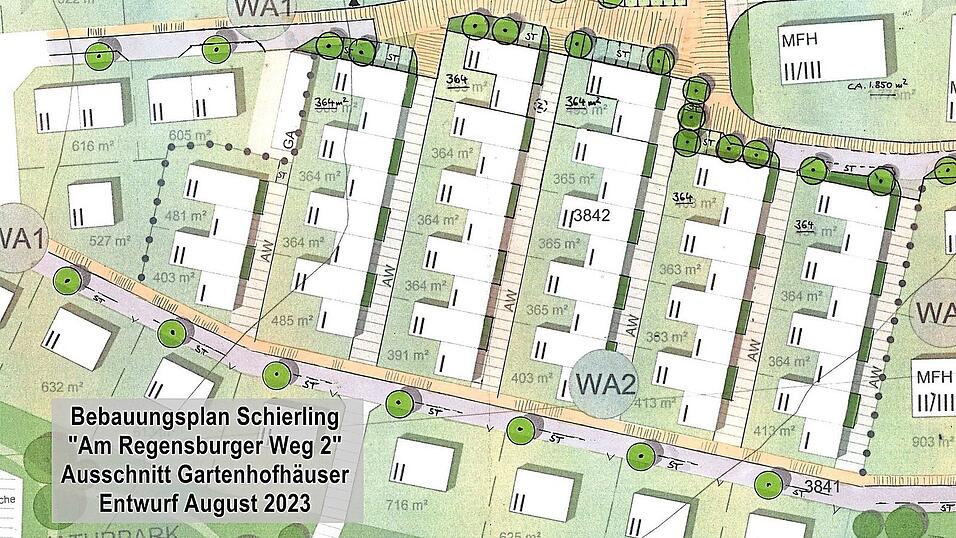 Der aktuelle Entwurf des Schierlinger Bebauungsplanes 'Am Regensburger Weg 2' sieht 24 Grundst&uuml;cke f&uuml;r 'Gartenhofh&auml;user' vor, die trotz ihrer Gr&ouml;&szlig;e von rund 365 Quadratmetern und dichter Bebauung einen privaten, gesch&uuml;tzten Freiraum bieten.