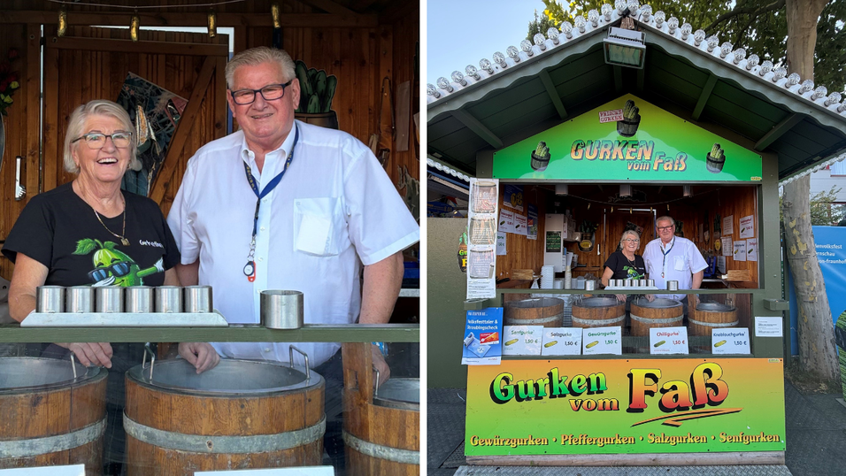 „Gurkerl machen einen guten Magen“: „Gurkerlhex“ Anita Gruber und Standbetreiber Sepp Stelzl in der kleinen, grünen Bude. „Gurkerl machen einen guten Magen“: „Gurkerlhex“ Anita Gruber und Standbetreiber Sepp Stelzl in der kleinen, grünen Bude.