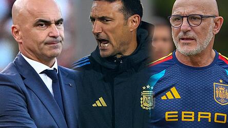 Die spanischen Trainer Roberto Mart&iacute;nez (Portugal, l.), Luis de la Fuente (Spanien, r.) sowie der argentinische Titelverteidiger Lionel Scaloni z&auml;hlen mit ihren Mannschaften zu den Turnierfavoriten.