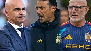Die spanischen Trainer Roberto Mart&iacute;nez (Portugal, l.), Luis de la Fuente (Spanien, r.) sowie der argentinische Titelverteidiger Lionel Scaloni z&auml;hlen mit ihren Mannschaften zu den Turnierfavoriten.