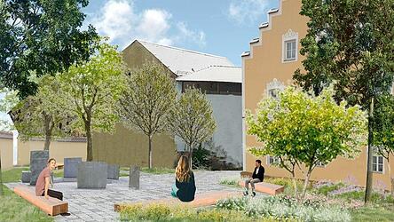So könnte der Platz der Menschlichkeit bei der Stadtbücherei künftig aussehen. So könnte der Platz der Menschlichkeit bei der Stadtbücherei künftig aussehen.