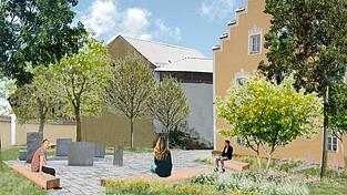 So könnte der Platz der Menschlichkeit bei der Stadtbücherei künftig aussehen. So könnte der Platz der Menschlichkeit bei der Stadtbücherei künftig aussehen.