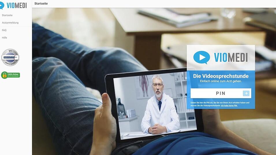 So sieht die Startseite von viomedi aus. Mit einer PIN, die sie von ihrem Arzt erhalten, können sich Patienten anmelden. Danach beginnt die Video-Sprechstunde. Seit dem Ausbruch der Corona-Pandemie greifen immer mehr Ärzte auf Videosprechstunden wie viomedi zurück. So sieht die Startseite von viomedi aus. Mit einer PIN, die sie von ihrem Arzt erhalten, können sich Patienten anmelden. Danach beginnt die Video-Sprechstunde. Seit dem Ausbruch der Corona-Pandemie greifen immer mehr Ärzte auf Videosprechstunden wie viomedi zurück.