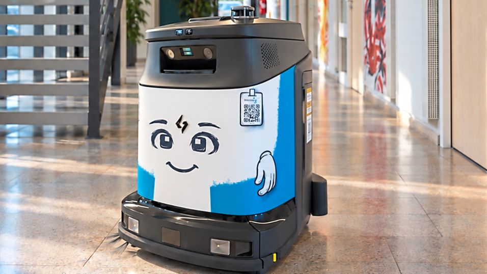 Spa&szlig; bei der Arbeit: Mit einem L&auml;cheln reinigt ein Roboter das Foyer am Hauptstandort von Werner Companies in Ergolding.