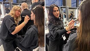 Die beiden Stylistinnen Jill Brand (links) und Rosela Jashari (rechts) beim Styling der Models auf der Fashion Week.