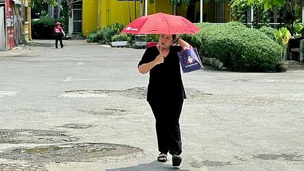 Viele sch&uuml;tzen sich mit Schirmen vor der Sonne.