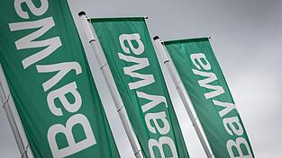 Baywa-Fahnen im Wind. Der M&uuml;nchner Konzern befindet sich seit 2024 in einer st&uuml;rmischen Phase. (Symbolbild)