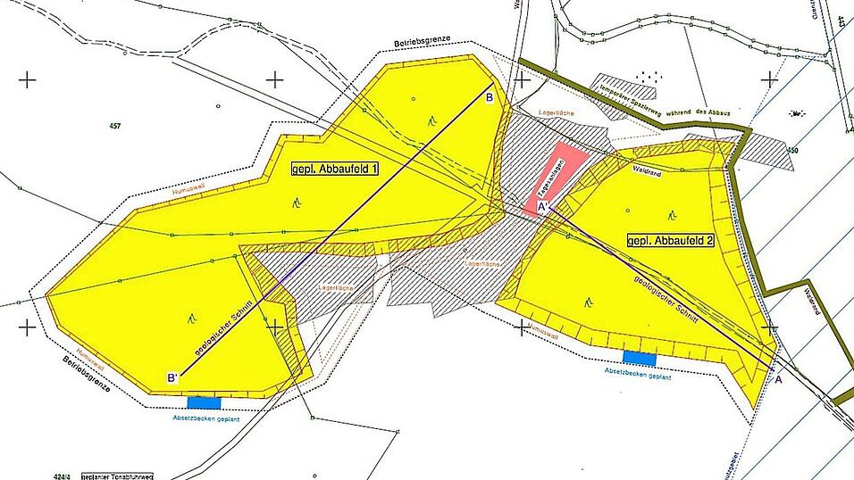 Das urspr&uuml;nglich geplante Abbaugebiet befindet sich in einem Wald oberhalb der Aster Stra&szlig;e in Viecht-Ost. Der Abbau sollte in zwei Abschnitten erfolgen. Die Abgrabungsfl&auml;che der westlichen Teilfl&auml;che Eins betr&auml;gt rund 2,8 Hektar und der zweiten Teilfl&auml;che 1,56 Hektar. Die beanspruchten Fl&auml;chen (inklusive Lagerfl&auml;che und Tagesanlagen) betragen 4,36 beziehungsweise 2,47 Hektar.
