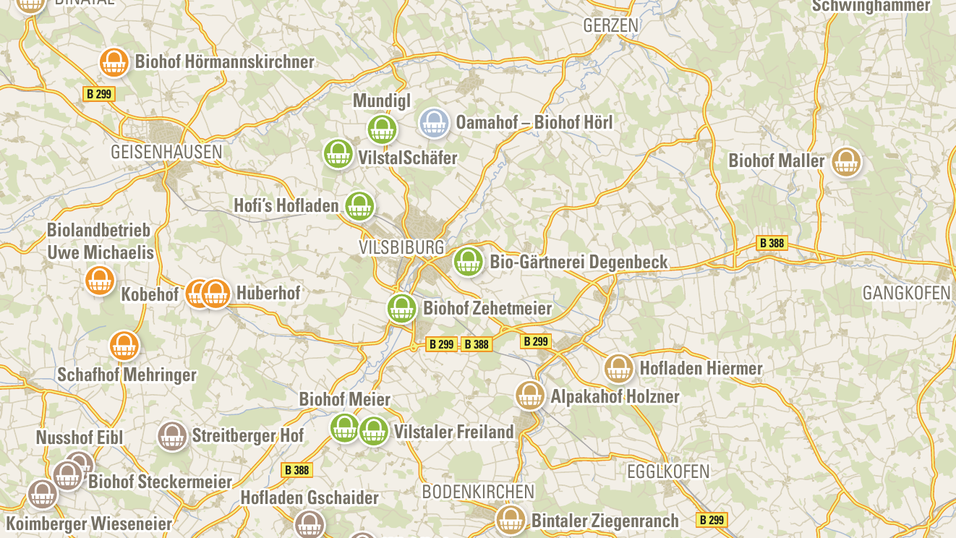 Die Karte zeigt die Hofl&auml;den und Direktvermarkter aus dem s&uuml;dlichen Landkreis Landshut, die die Redaktion via Internet-Recherche ausfindig machen konnte (ohne Garantie auf Vollst&auml;ndigkeit). Die H&ouml;fe bieten von Eiern und Nudeln bis hin zu Fruchtaufstrichen und Alpakaprodukten eine gro&szlig;e Auswahl an regionalen Produkten.