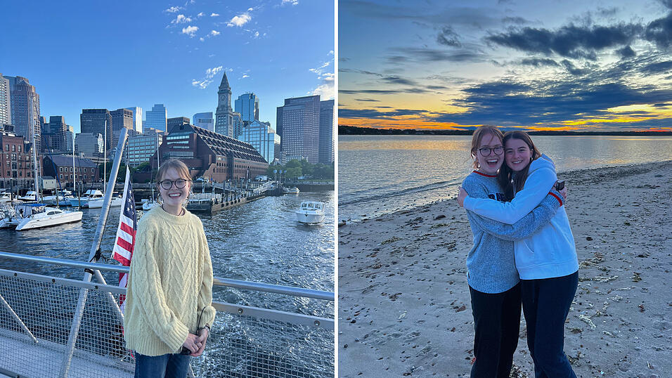 Magdalena mit der Skyline Bostons im Rücken (links) und beim Sonnenaufgang am Strand. Magdalena mit der Skyline Bostons im Rücken (links) und beim Sonnenaufgang am Strand.