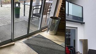 Durch die elektrische Schiebet&uuml;r gelangte der T&auml;ter in das Caf&eacute; (links). Von der Terrasse kletterte der Einbrecher auf den Praxis-Balkon im ersten Stock (rechts).