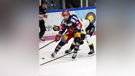 Dante Hahn (vorne) sorgte mit seinem Treffer in der Overtime f&uuml;r den dritten Sieg der Deggendorfer in der Serie gegen die Tilburg Trappers und damit f&uuml;r den ersten Matchpuck der Donaust&auml;dter.