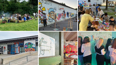 Einige Beispiele f&uuml;r Jugendarbeit im Landkreis (von oben links im Uhrzeigersinn). Eine Gruppe aus mehreren Gemeinden beim Outdoor-Erlebnis; Stra&szlig;enk&uuml;nstler verzieren 2025 eine Wand in Altdorf mit Graffiti; Gemeinsam, drau&szlig;en an der frischen Luft - und kreativ; Das Juz Rottenburg hat zu - vor&uuml;bergehend; Die T&uuml;r im Jugendzentrum Ergolding &bdquo;FatCap&ldquo; steht offen; G&auml;ste feiern 2023 Er&ouml;ffnung im Jugendtreff Altfraunhofen.
