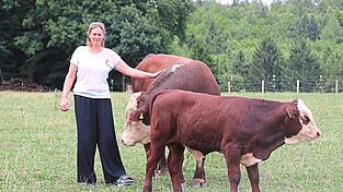 Nicole Kolbinger streichelt Petrus, einen von zwei Deckstieren der Rinderrasse Hereford. Insgesamt haben die Kolbingers 45 Rinder.