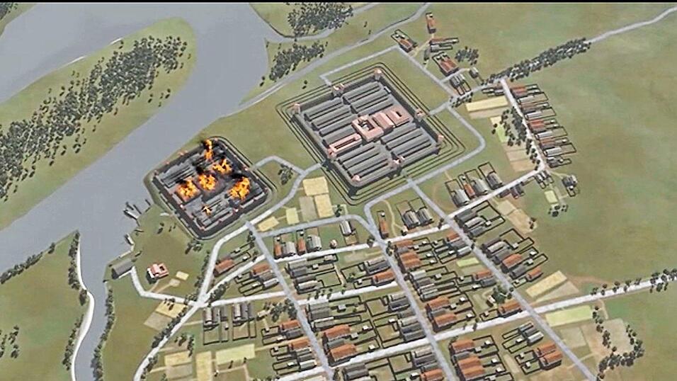 Das Ende des Straubinger Westkastells zur Zeit der Markomannenkriege im 2. Jahrhundert in einer Rekonstruktion.