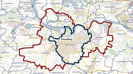 Heutiges Stadtgebiet von Straubing mit den Gemarkungsgrenzen der 1972/1976 eingemeindeten Orte (Geobasisdaten: Bayerische Vermessungsverwaltung, Bearbeitung Stadt Straubing)