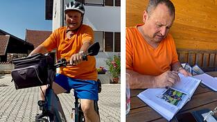 Erwin Irlbeck auf seinem E-Bike im Hof in Mettenbach (links) - mit dem Rad fährt er bald durch den Landkreis Landshut, um Geld zu sammeln für eine neue Klimaanlage auf der Achdorfer Palliativstation.Darum hat der Kreisrat einen vollen Terminkalender (rechts): Erwin Irlbeck freut sich auf seine Tour.