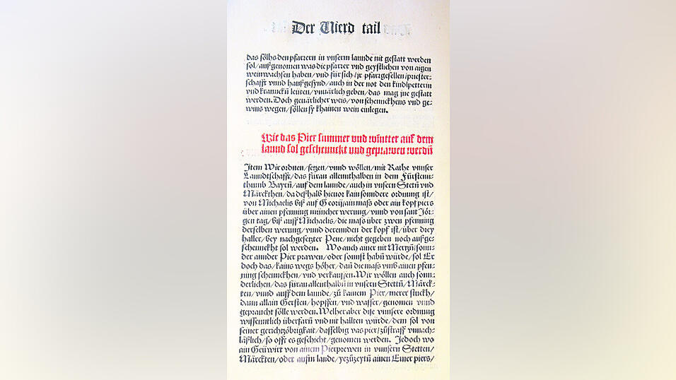 Reproduktion eines Druckes der Urkunde, auf der das bayerische Reinheitsgebot, erlassen am 23. April 1516 in Ingolstadt, festgehalten wurde. (Foto: dpa/Rumpenhorst) Reproduktion eines Druckes der Urkunde, auf der das bayerische Reinheitsgebot, erlassen am 23. April 1516 in Ingolstadt, festgehalten wurde. (Foto: dpa/Rumpenhorst)
