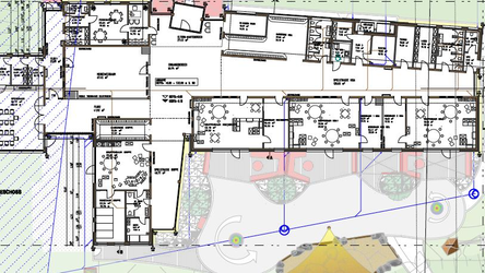 In dem ebenerdigen Gebäude des neuen Drachselsrieder Kindergartens sind Gruppenräumen für 90 Kinder, Essensraum und Nebenräumen untergebracht.