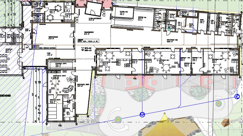 In dem ebenerdigen Gebäude des neuen Drachselsrieder Kindergartens sind Gruppenräumen für 90 Kinder, Essensraum und Nebenräumen untergebracht.