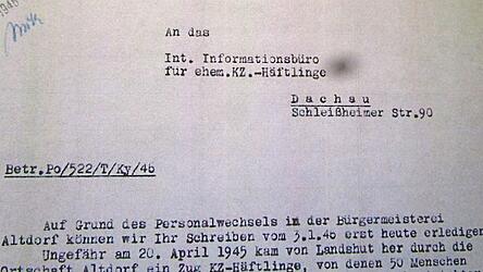 Das gemeindliche Schreiben vom 4. Februar 1946 aus dem &bdquo;Arolsen-Archiv&ldquo; schildert die Bergung und Bestattung der ermordeten KZ-H&auml;ftlinge.