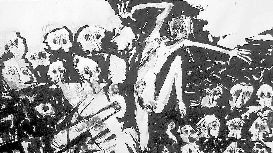 Eine Tuschezeichnung aus dem Zyklus 'Nie wieder' (50 x 70 cm, Tusche auf Bütten), die 1995 von Christine Rieck-Sonntag anlässlich des 50. Jahrestages des Endes des Zweiten Weltkriegs gezeichnet wurde. Eine Tuschezeichnung aus dem Zyklus 'Nie wieder' (50 x 70 cm, Tusche auf Bütten), die 1995 von Christine Rieck-Sonntag anlässlich des 50. Jahrestages des Endes des Zweiten Weltkriegs gezeichnet wurde.